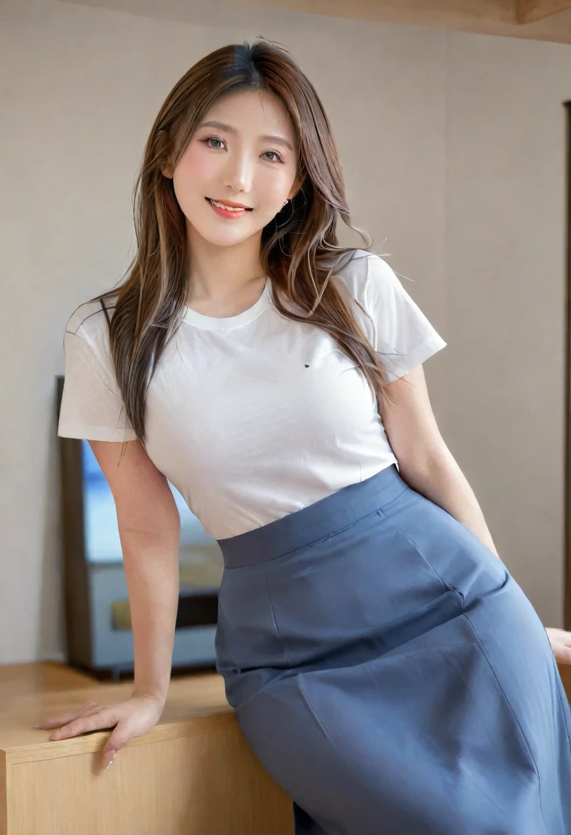 One Japanese woman, Housewife in her 30s、upper body shot、, Detailed face, Captivating smile, Detailed eyes, Thick chest, Smooth Skin, Light brown hair、Straight long hair、Tight white T-shirt, Gray-blue long skirt, Wearing high heels、Looking at the audience, Low angle shot,(8k, RAW Photos, Highest quality, masterpiece: 1.2), (Realistic, Realistic: 1.37), Ultra-high resolution