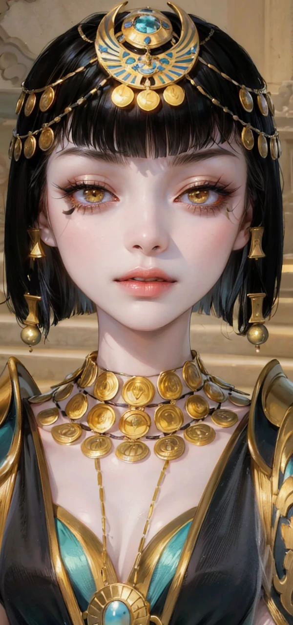 (masterpiece, top quality, best quality, official art, enchanting and aesthetic:1.2), 1female, dark black hair, short hair with bangs, golden eyes, dress, jewelry, high quality details, 4k eyes, no teeth showing, Egyptian makeup, serious expression, resting eyes, blue eyeshadow