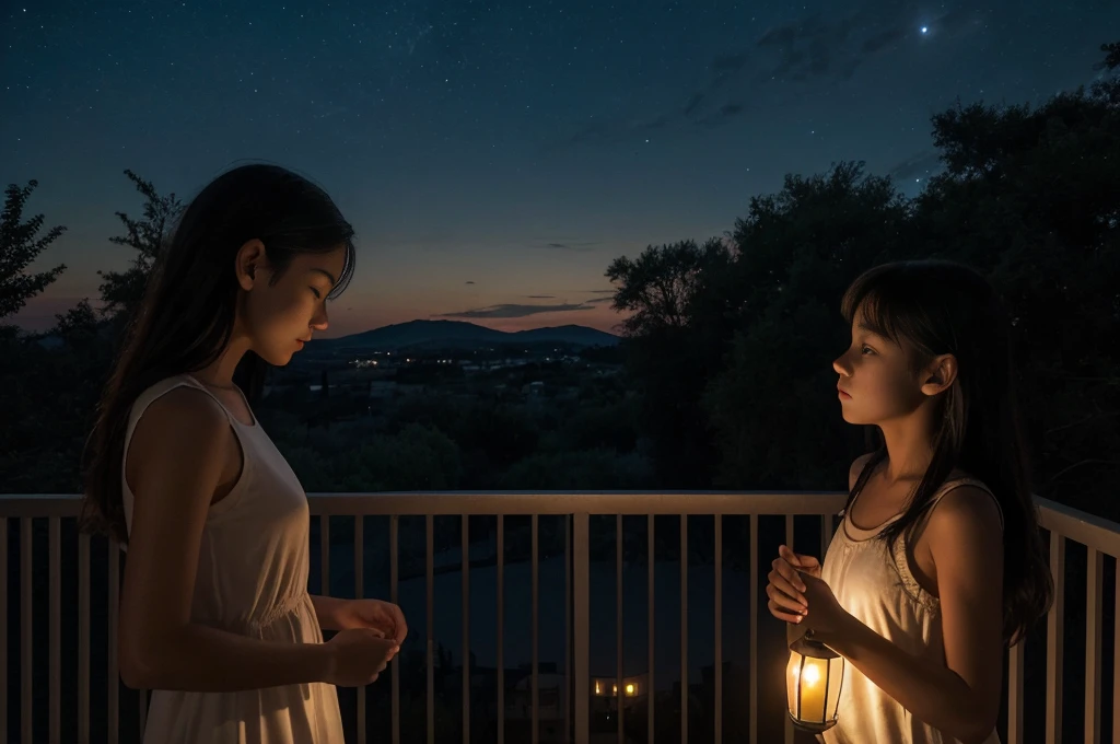 Italy. dark night. A highly realistic scene of two 13 year old agers with small breasts and an 8 year old girl with flat breasts standing on the balcony at 11pm in the middle of the night on a dark night. They wear light pajamas with a sleeveless shirt and shorts. Their expression is contemplative as they look up at the sky, where the last traces of twilight give way to darkness. The balcony is dimly lit by a small lantern or fairy lights, which cast a soft light around her. She leans delicately on the railing, her hair swaying slightly in the cool night breeze. The background shows a silhouette of distant hills and trees under a starry sky, with the faint outline of the landscape just visible. The atmosphere is serene and thoughtful, capturing the quiet beauty of a summer solstice night transitioning to complete darkness, with the balcony lights providing a soft, warm contrast to the deepening night.