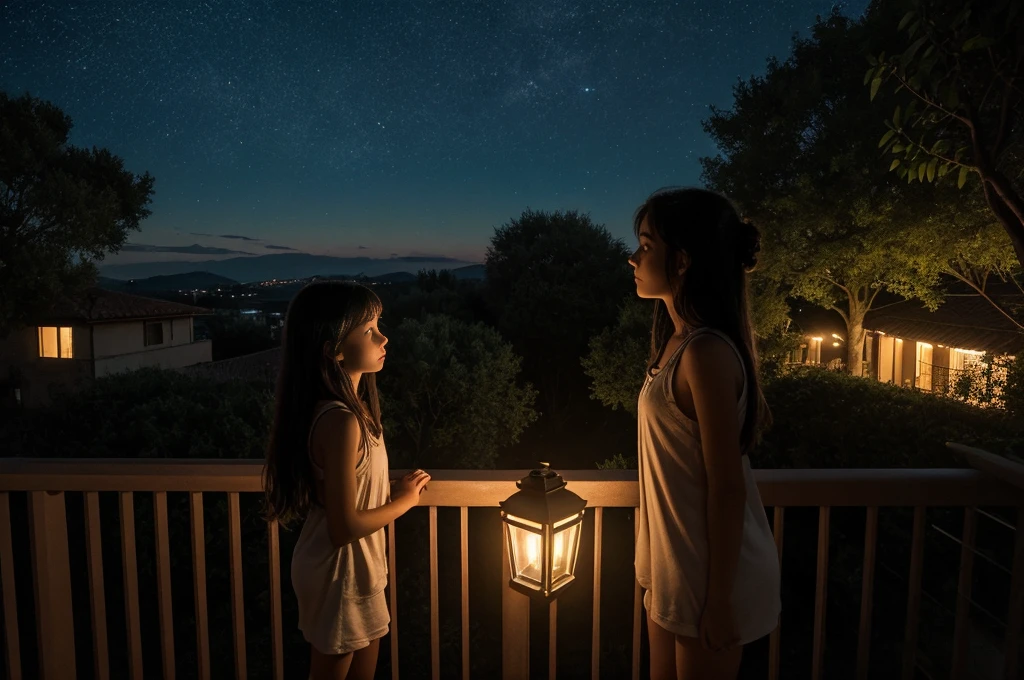 Italy. dark night. A highly realistic scene of two 13 year old teenagers with small breasts and an 8 year old girl with flat breasts standing on the balcony at 11pm in the middle of the night on a dark night. They wear light pajamas with a sleeveless shirt and shorts. Their expression is contemplative as they look up at the sky, where the last traces of twilight give way to darkness. The balcony is dimly lit by a small lantern or fairy lights, which cast a soft light around her. She leans delicately on the railing, her hair swaying slightly in the cool night breeze. The background shows a silhouette of distant hills and trees under a starry sky, with the faint outline of the landscape just visible. The atmosphere is serene and thoughtful, capturing the quiet beauty of a summer solstice night transitioning to complete darkness, with the balcony lights providing a soft, warm contrast to the deepening night.