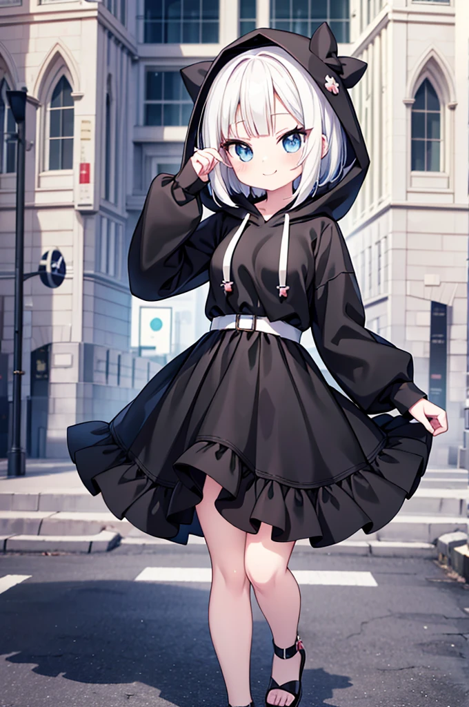 Anime-style image of a woman with white hair and black clothing, Cute 3D anime girl render, Cute anime waifu in a nice dress, Anime VTuber Full Body Model, Anime girl in a hoodie, Highly detailed characters, Official character art,exorcist,Bobcut,Hunter,sweets,smile