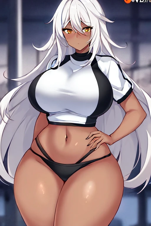 1girl, anime style, 2d, anime screencap, dark skin, dark-skinned female, white hair, long hair, large breasts, wide hips, thick thighs, shirt, sportswear, shy, sports bra, screencap, masterpiece