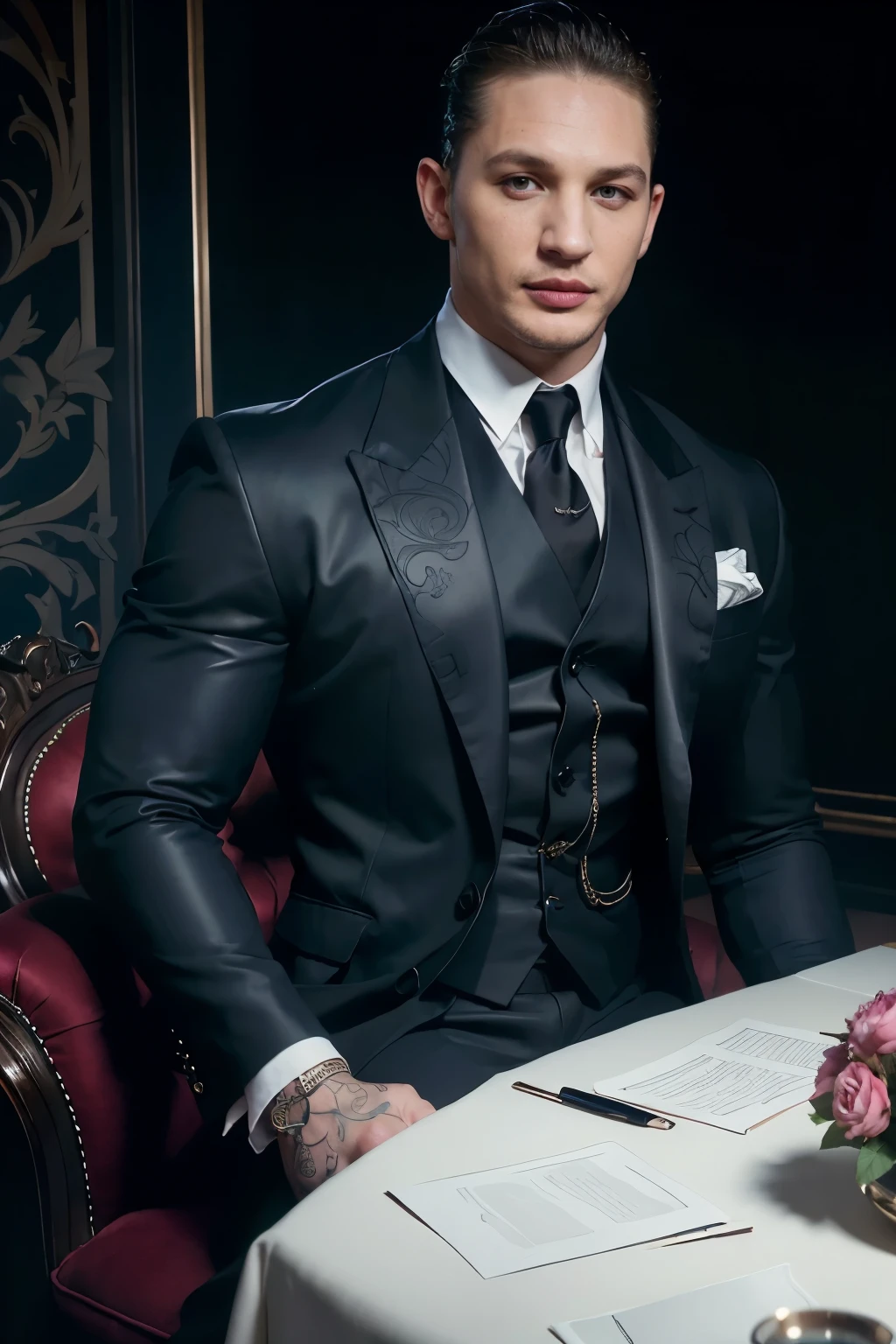 ((masterpiece)), ((Best Quality:1.2)), High resolution, 8k, (ultra_realist:1.3), (photorealist:1.4), (Instagram Template, elegant:1.2),Portrait of Tom Hardy wearing a sensual gothic costume, with lace details that highlight its sophisticated and modern style. The suit has a devilish touch, with dark colors and intricate designs, Combining classic elegance with a bold contemporary aesthetic