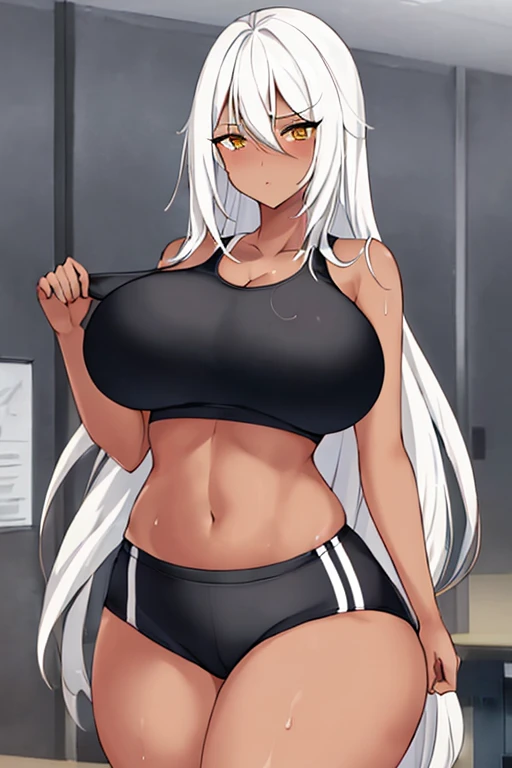 1girl, anime style, 2d, anime screencap, dark skin, dark-skinned female, white hair, long hair, large breasts, wide hips, thick thighs, shirt, sportswear, shy, sports bra, screencap, masterpiece