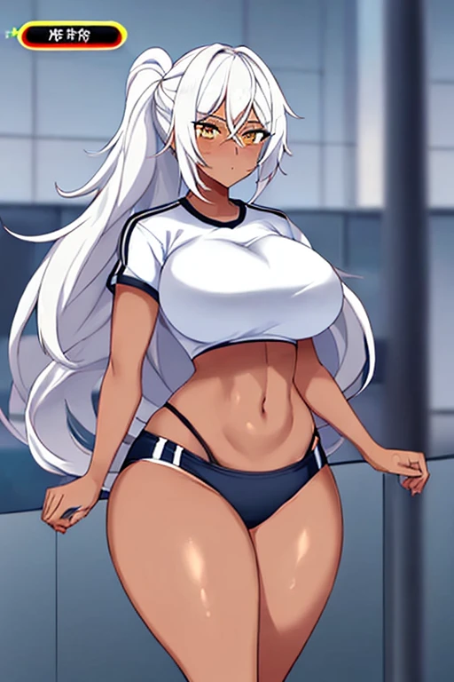 1girl, anime style, 2d, anime screencap, dark skin, dark-skinned female, white hair, long hair, large breasts, wide hips, thick thighs, shirt, sportswear, shy, sports bra, screencap, masterpiece