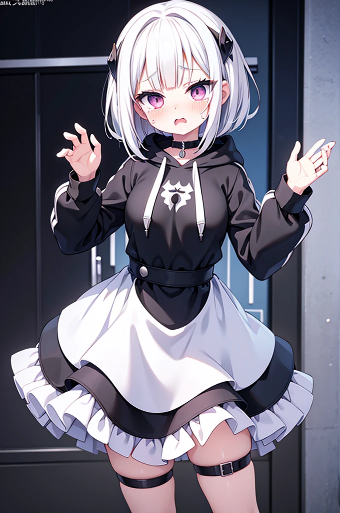 Anime-style image of a woman with white hair and black clothing, Cute 3D anime girl render, Cute anime waifu in a nice dress, Anime VTuber Full Body Model, Anime girl in a hoodie, Highly detailed characters, Official character art,exorcist,Bobcut,Hunter,sweets,Crying face
