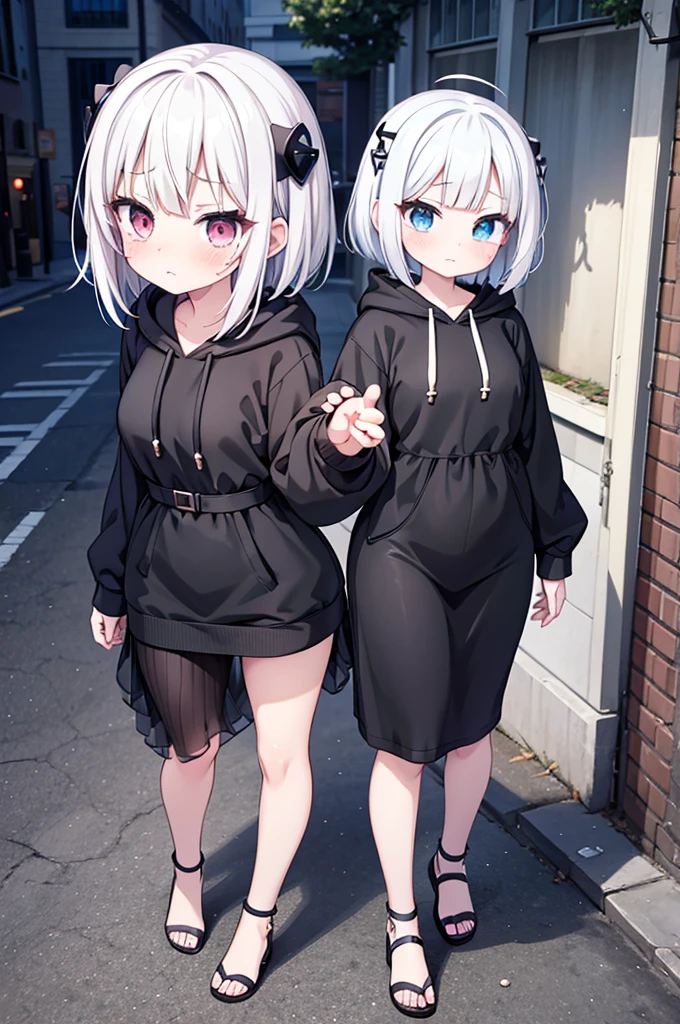 Anime-style image of a woman with white hair and black clothing, Cute 3D anime girl render, Cute anime waifu in a nice dress, Anime VTuber Full Body Model, Anime girl in a hoodie, Highly detailed characters, Official character art,exorcist,Bobcut,Hunter,sweets,Crying face