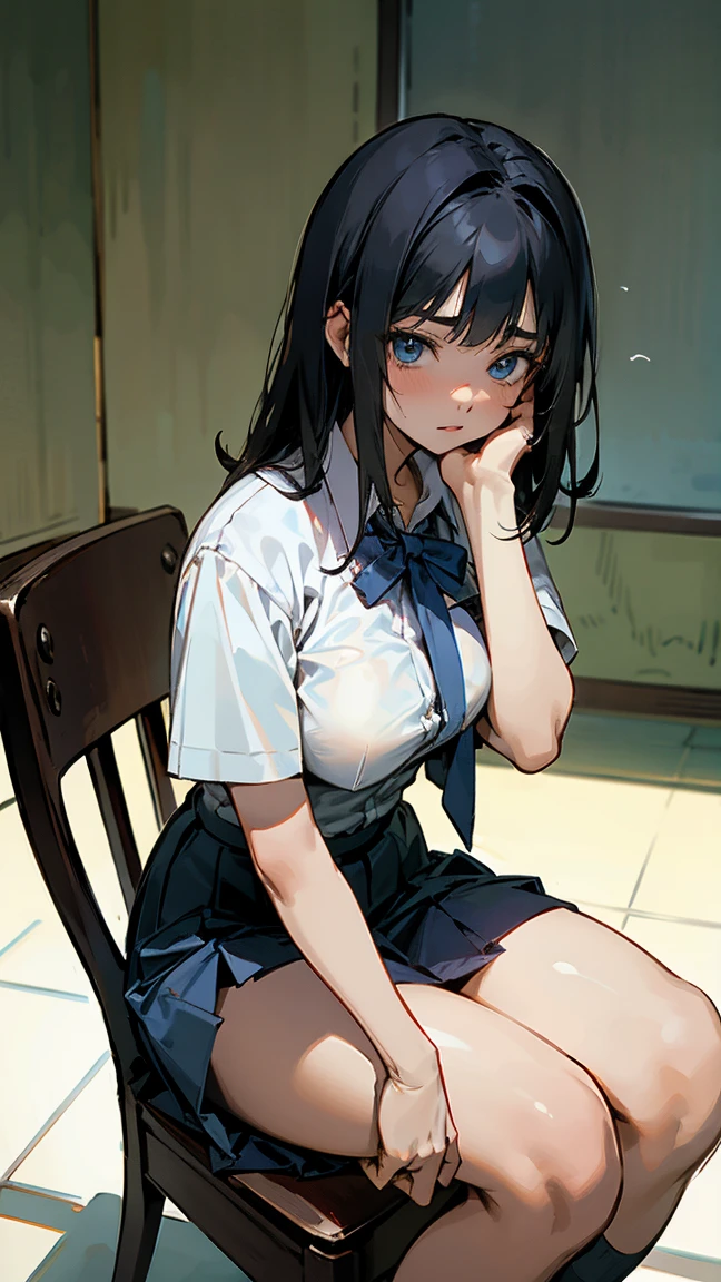 1 woman, 17 years old, (long haircut, black hair), scared face expression, plump body, blue eyes, Indonesian high-school uniform, (wearing transparent white shirt, showing bra), osis logo on shirt pocket, huge XL breasts, light-grey pleated skirt, sitting on a chair, seductive pose, full body shot, Wear a mask, in the classroom,