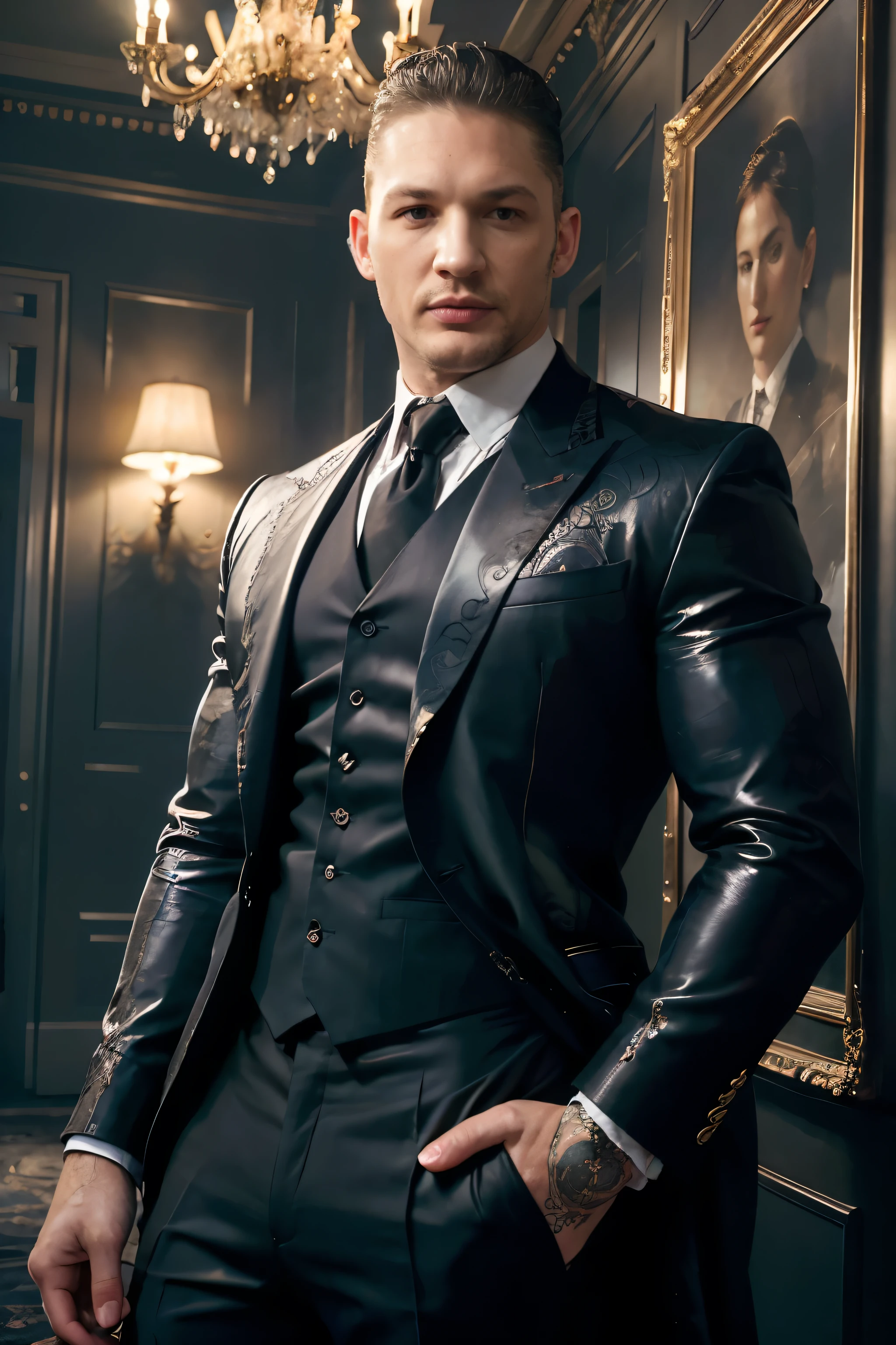 ((masterpiece)), ((Best Quality:1.2)), High resolution, 8k, (ultra_realist:1.3), (photorealist:1.4), (Instagram Template, elegant:1.2),Portrait of Tom Hardy wearing a sensual gothic costume, with lace details that highlight its sophisticated and modern style. The suit has a devilish touch, with dark colors and intricate designs, Combining classic elegance with a bold contemporary aesthetic