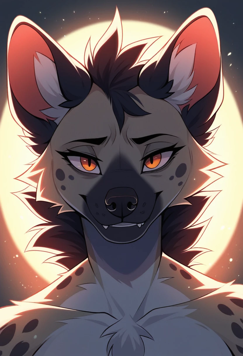 solo female, face Three Quarter View , white hyena, hyena, furry, smiling, red fur, Black fur stripe, netral, Traumatized face, dynamic lighting, illustration, beautiful, particles (high quality,4k,8k,highres,masterpiece:1.2), ultra-detailed, impressionistic:colorful,]