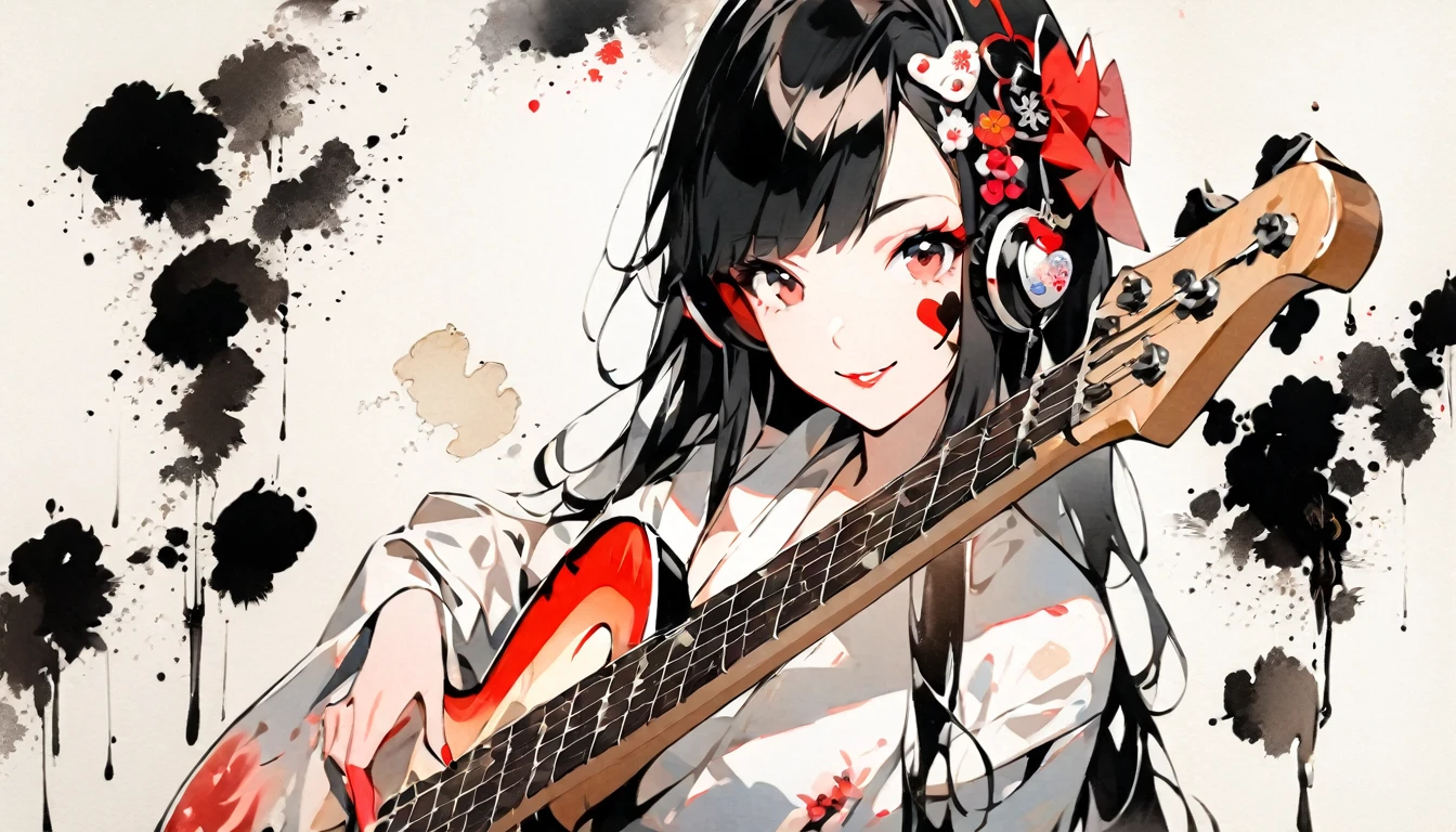 Fashion portrait color photos, (((Ink Painting))), (((1 girl))), (((Heart tattoo on face))), (((Gorgeous hair accessories))), Japanese style headphones, (((A four-string guitar bass))), Japanese Beauty, Black Hair, smile