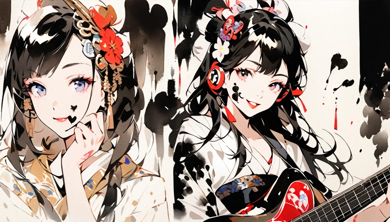 Fashion portrait color photos, (((Ink Painting))), (((1 girl))), (((Heart tattoo on face))), (((Gorgeous hair accessories))), Japanese style headphones, (((A four-string guitar bass))), Japanese Beauty, Black Hair, smile