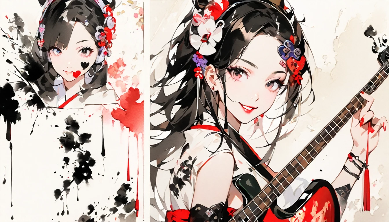 Fashion portrait color photos, (((Ink Painting))), (((1 girl))), (((Heart tattoo on face))), (((Gorgeous hair accessories))), Japanese style headphones, (((A four-string guitar bass))), Japanese Beauty, Black Hair, smile