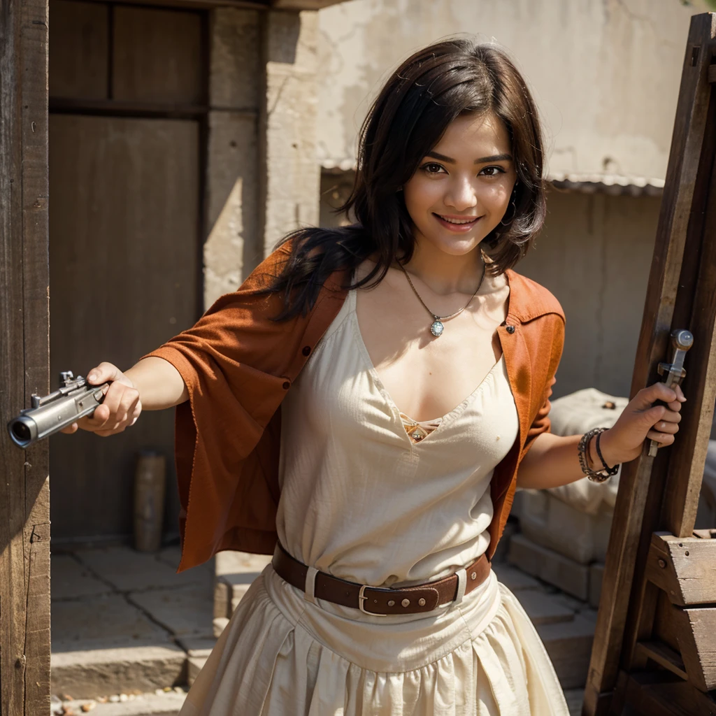 1girl,weapon,1boy,***,jewelry,handgun,depth of field,blurry,necklace,grin,black hair,smile,holding,short hair,chain,aiming at viewer,brown eyes,holding weapon,cape,holding ***,orange hair,brown hair,(((masterpiece,best quality))),((good structure)),((Good composition)),((clear, original,beautiful)),view through ***,tera kas,