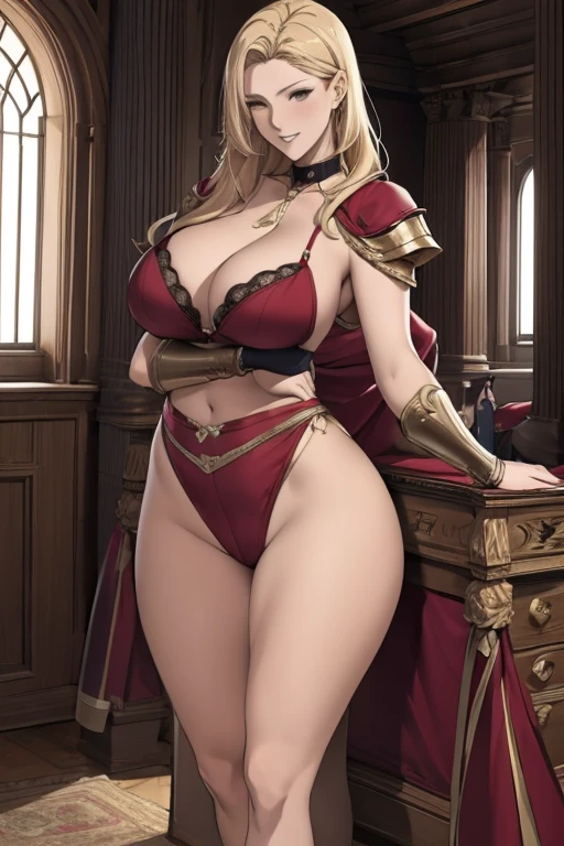 Photo Info: Best quality, Highly detailed, Masterpiece, 1girl, solo, HD anime wallpaper, 8k wallpaper, ultra high res, full body portrait, anatomically correct, seductive, fully facing the front, looking at viewer, ((Smooth texture:0.75, Realistic texture:0.65, Realistic:1.1, Anime CG Style)).
Body: beautiful woman, mature woman, viking woman, perfect body, natural skin texture, fine face and eyes, closed mouth, full lips, seductive smile, large breasts, slim, narrow waist, wide hips, huge ass, beautiful legs.
Outfit: armor.
Location: indoors.
