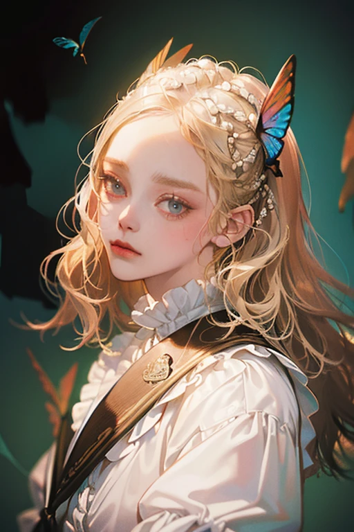 lifeimitatesart (Masterpiece) The woman,blonde woman, luna, Cloud, Angel, Dumb, Trevor Brown's Style, Octane Render, deity, Vivienne Westwood, rococo, Punk decorations, SAD512 (fashion photography, Faded, Film grain, Muted colors, Epic Realistic, (pre-raphaelitism), Detailed Face, soft focus, eclectic,glistering,Butterflies all around,Clouds,Light,Like at sunset,glittering,Transferable,rainbow,Angel Wings White,nimbus,glistering,Everything glitters
