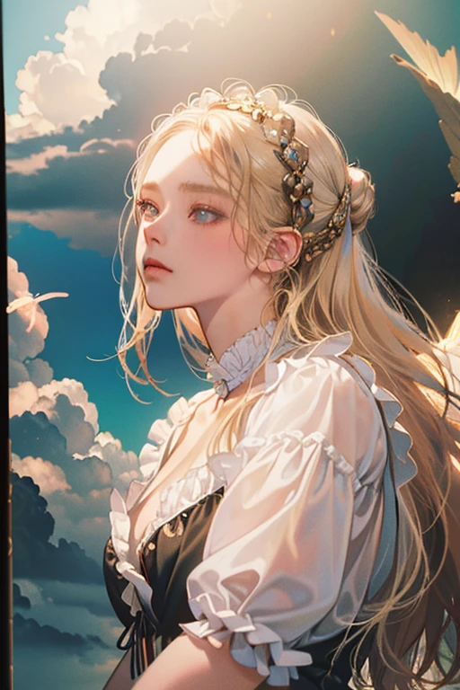 lifeimitatesart (Masterpiece) The woman,blonde woman, luna, Cloud, Angel, Dumb, Trevor Brown's Style, Octane Render, deity, Vivienne Westwood, rococo, Punk decorations, SAD512 (fashion photography, Faded, Film grain, Muted colors, Epic Realistic, (pre-raphaelitism), Detailed Face, soft focus, eclectic,glistering,Butterflies all around,Clouds,Light,Like at sunset,glittering,Transferable,rainbow,Angel Wings White,nimbus,glistering,Everything glitters