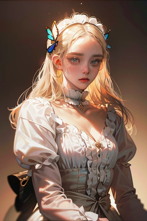 lifeimitatesart (Masterpiece) The woman,blonde woman, luna, Cloud, Angel, Dumb, Trevor Brown's Style, Octane Render, deity, Vivienne Westwood, rococo, Punk decorations, SAD512 (fashion photography, Faded, Film grain, Muted colors, Epic Realistic, (pre-raphaelitism), Detailed Face, soft focus, eclectic,glistering,Butterflies all around,Clouds,Light,Like at sunset,glittering,Transferable,rainbow,Angel Wings White,nimbus,glistering,Everything glitters