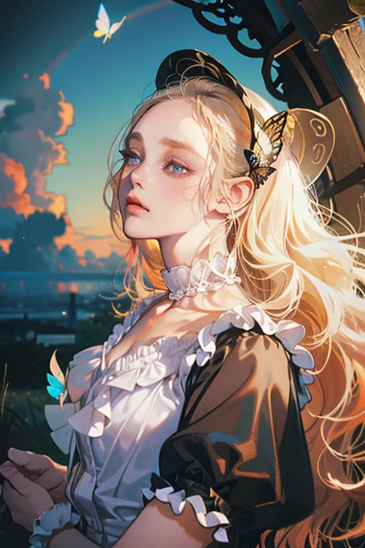 lifeimitatesart (Masterpiece) The woman,blonde woman, luna, Cloud, Angel, Dumb, Trevor Brown's Style, Octane Render, deity, Vivienne Westwood, rococo, Punk decorations, SAD512 (fashion photography, Faded, Film grain, Muted colors, Epic Realistic, (pre-raphaelitism), Detailed Face, soft focus, eclectic,glistering,Butterflies all around,Clouds,Light,Like at sunset,glittering,Transferable,rainbow,Angel Wings White,nimbus,glistering,Everything glitters
