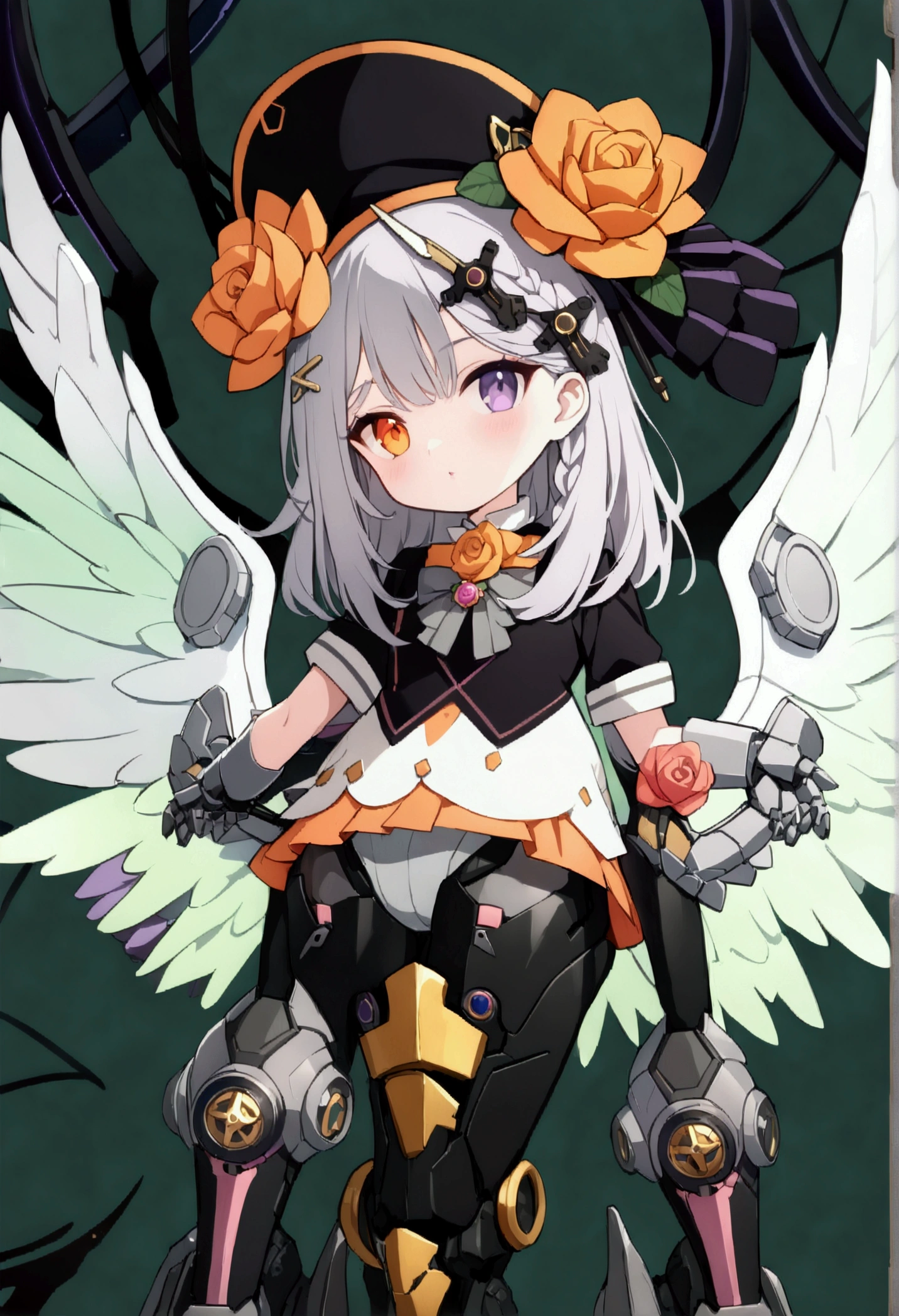women, slim build, , charming look, ((heterocromia: look like, derecho naranja y look like izquierdo violeta)), (Shoulder Length Wavy Gray Hair, a short braid on the left side of the hair, big open bangs, golden gear hairpin in hair), (((complex mechanical legs up to the hip, The legs are black with gray parts with small pink details))), (((complex mechanical arms up to the elbows, The arms are black with gray parts with small pink details))), (complex mechanical angel wings of white color with dark gray parts), (elegant black French beret with an orange rose ribbon), (elegant thigh-length one-piece dress, short bell skirt with small gear embellishments, short sleeves, elegant black hip belt with orange parts, small rose brooch in the middle of the bust, beautiful mechanical stiletto heels, blue and black ribbon decorations on clothes), (((character design sheet: Front view))), (((Whole body))), extremely detailed beautiful hair, beautiful detailed dress, extremely detailed arms, extremely detailed face, (Extremely detailed hands), perfect hands, small face, hermosos look likes detallados, beautiful detailed lips, adorable, extremely detailed legs, (Best Quality, 8k, Ultra resolution), ultra detailed, Exquisite and epic character art, ((Pastel green background)), (Focus on symmetry), (extremely detailed wings).