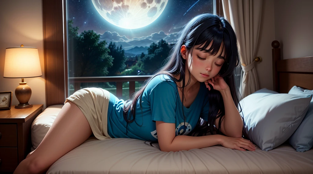 Imagine um suave, comforting illustration of a cute girl was sleeping in a comfortable bed, eyes locked, blue T-shirt. Long flowing hair. dark bedroom, except for the soft light emanating from a bedside lamp near the bed, That casts a warm glow on your peaceful face. Through the half-open window, The starry night stretches, fullmoon, creating a magical contrast between the peaceful interior and the mysterious outside world. Light curtains move slightly in the night breeze, adding a touch of movement to this tranquil scene.