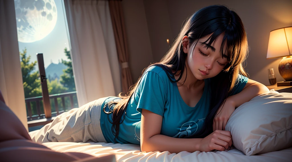 Imagine um suave, comforting illustration of a cute girl was sleeping in a comfortable bed, eyes locked, blue T-shirt. Long flowing hair. dark bedroom, except for the soft light emanating from a bedside lamp near the bed, That casts a warm glow on your peaceful face. Through the half-open window, The starry night stretches, fullmoon, creating a magical contrast between the peaceful interior and the mysterious outside world. Light curtains move slightly in the night breeze, adding a touch of movement to this tranquil scene.