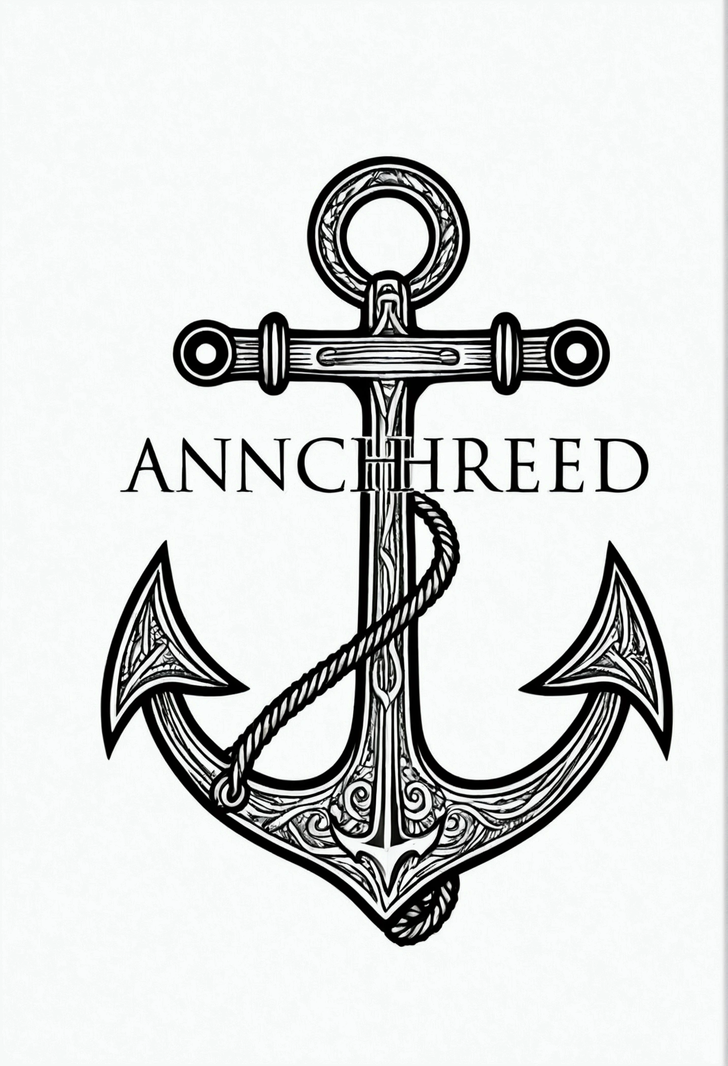 Create a logo with an anchor with the word Anchored through it and with the letters outlined in Black