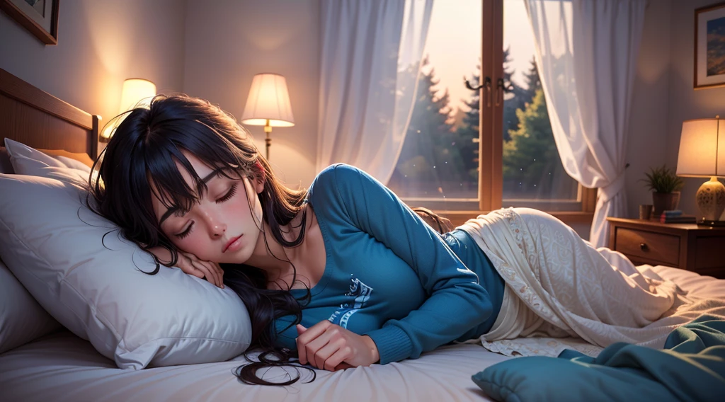Imagine um suave, comforting illustration of a cute girl was sleeping in a comfortable bed, eyes locked, blue T-shirt. Long flowing hair. dark bedroom, except for the soft light emanating from a bedside lamp near the bed, That casts a warm glow on your peaceful face. Through the half-open window, The starry night stretches, fullmoon, creating a magical contrast between the peaceful interior and the mysterious outside world. Light curtains move slightly in the night breeze, adding a touch of movement to this tranquil scene.