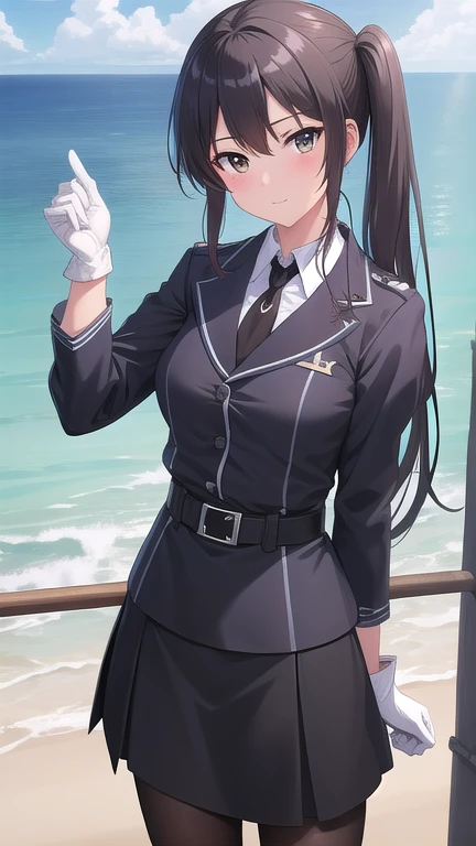((masterpiece)),(best quality),official art,extremely detailed CG,unity 8k wallpaper,ultra detailed,A lighthouse on a cliff by the sea,1girl,solo,cowboy shot,nachi (kantai collection),black belt,collar,black hair,black neckwear,black skirt,purple jacket,brown eyes,high heel boots,absurdly long hair,long sleeves,looking at viewer,medium breasts,pencil_skirt,white pantyhose,side ponytail,military uniform,white gloves,