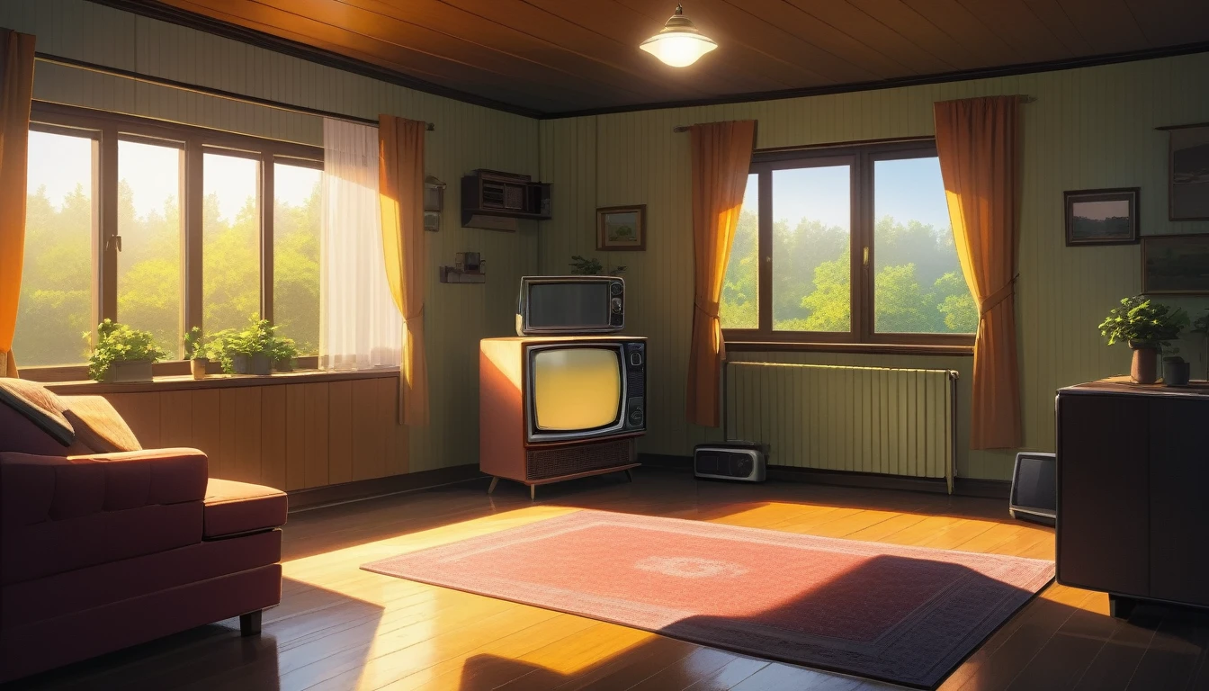 inside the hall of a warm and non-modern house, all the home appliances are old but clean, a sofa and an old tv is in the image, it's day time and a god ray is coming inside the house through window.