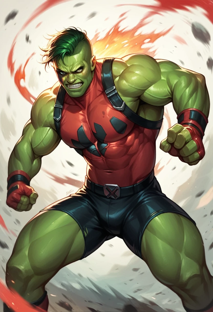 Deadpool, super realistic with epic lighting, Perfect face, fighting with hulk, big muscles 