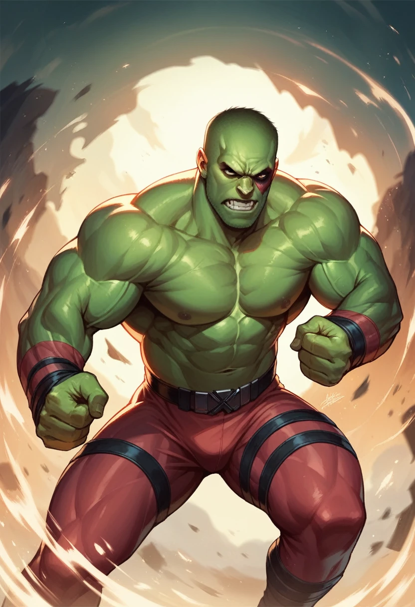 Deadpool, super realistic with epic lighting, Perfect face, fighting with hulk, big muscles 