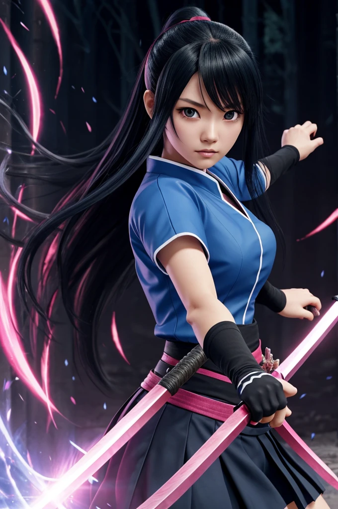 Kaiser jujutsu screenshot,A 25-year-old girl with long black hair and different eyes, one blue and the other pink, almost red, is dressed in the uniform of the wizard school and has a katana like shinobu from Demon., Kaiser jujutsu animation