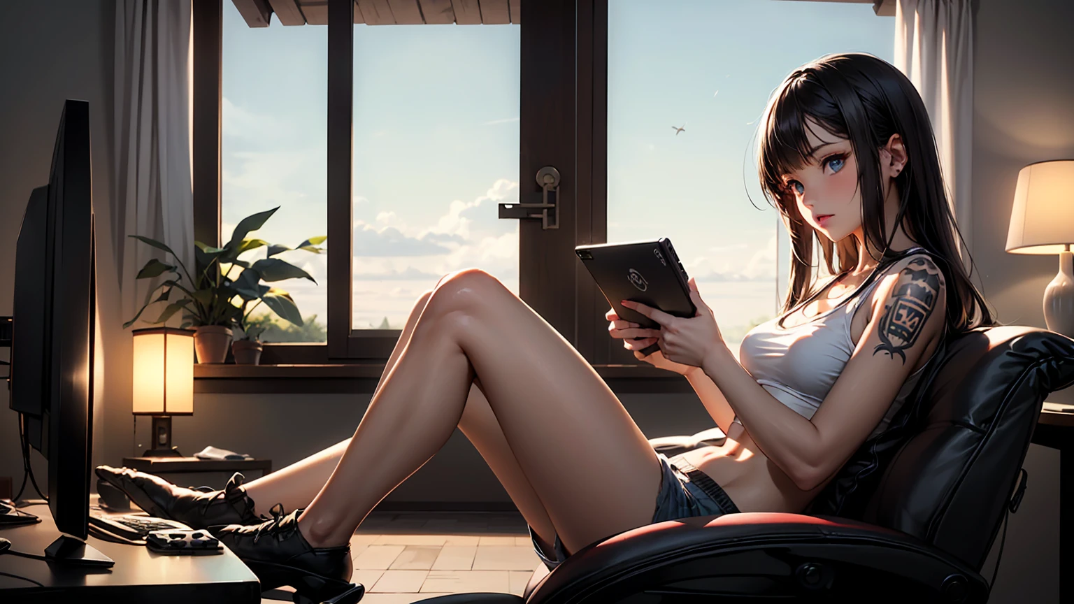Create a high-quality, detailed image of a beautiful, anime cat gamer girl with tattoos and long hair, beautiful eyes, sitting at her gaming PC in her gaming room. She is wearing a tank top, and sleep shorts, showing her midriff, highlighting her stunning curves. The warm, inviting scene includes soft ambient lighting, comfortable seating, The setting is illuminated by a small lamp, creating a serene and intimate atmosphere