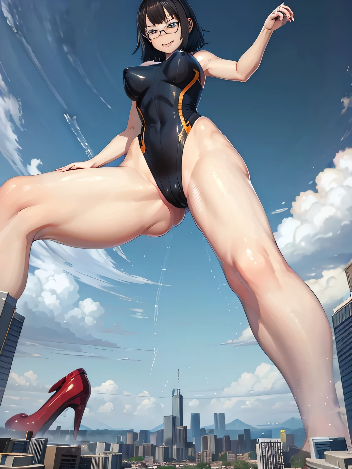 3girls, giantess art, highly detailed giantess shot, giantess, most detailed, perfect face, two legs, five fingers, short hair, beautiful girl bigger than a skyscraper, wearing rimless glasses, smiling, huge breasts, swimsuit, stiletto heels, under heavy attack, very small metropolis, miniature metropolis, full body depiction, GTS, giga giant, trampling city, crush city, tiny city, micro city, high resolution, best quality, masterpiece,