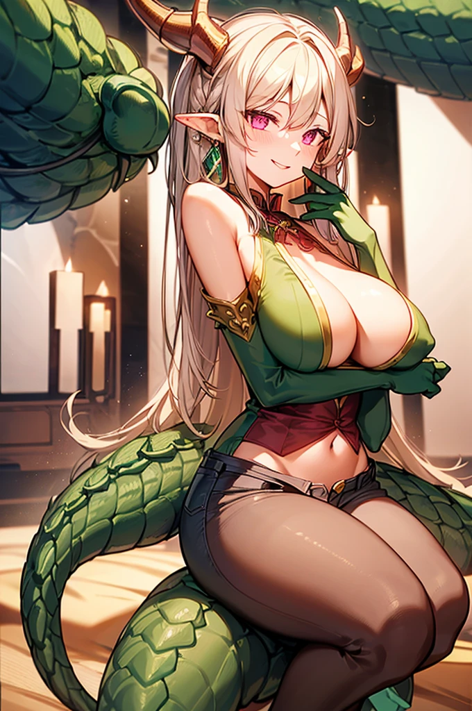 masterpiece, high quality, green skin dragon girl, brown horns, long tail with hairy tip, long black hair, black holes in shoulders, pink eyes, Tender smile, a white blouse, red jean, Brown boots