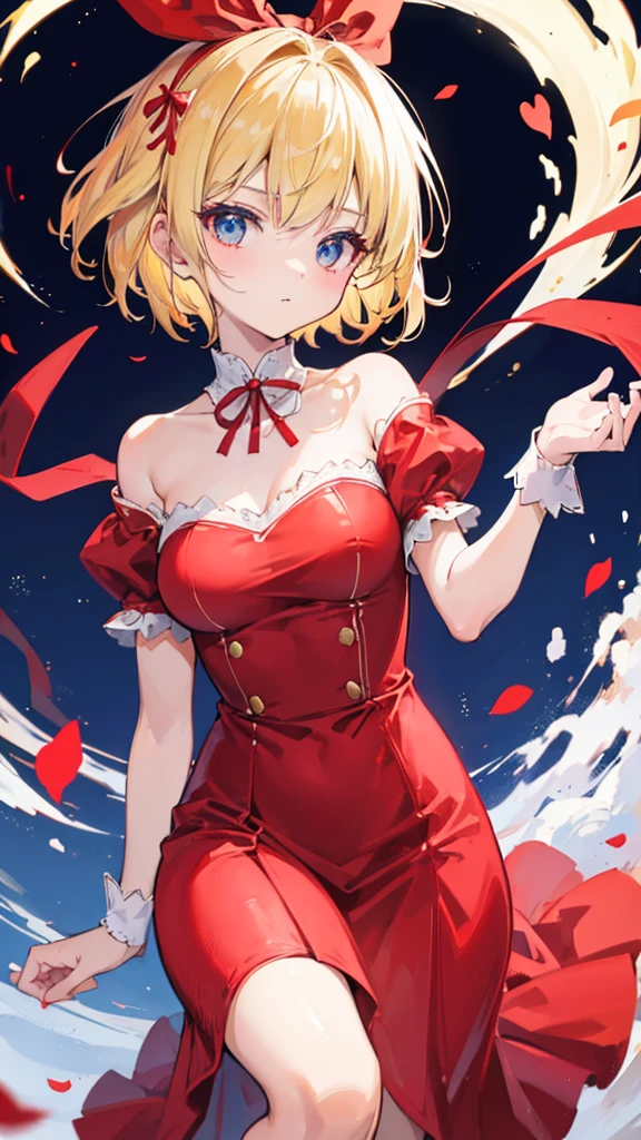 A short-haired blonde girl with a red ribbon on her head, red dress with a blue ribbon