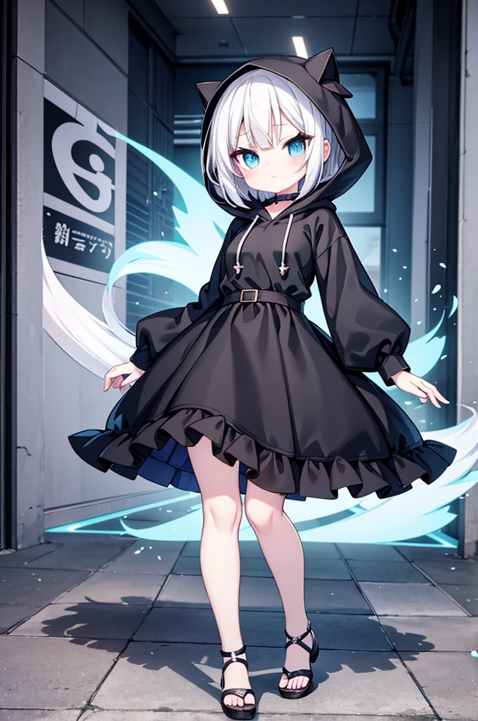 Anime-style image of a woman with white hair and black clothing, Cute 3D anime girl render, Cute anime waifu in a nice dress, Anime VTuber Full Body Model, Anime girl in a hoodie, Highly detailed characters, Official character art,exorcist,Bobcut,Hunter,sweets,Embarrassing