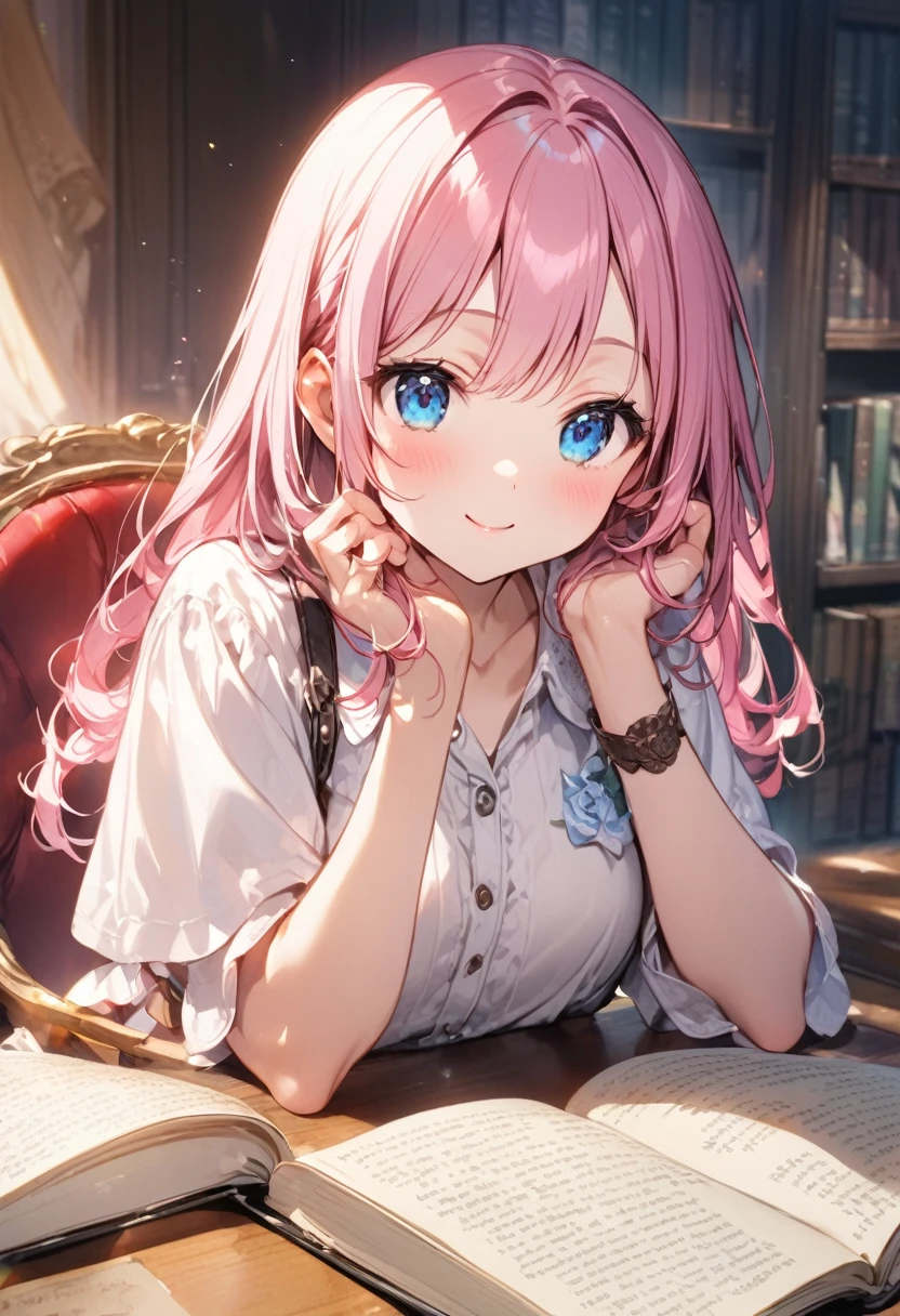 Interesting、I read a book、smile、Girl with pink hair、blue eyes