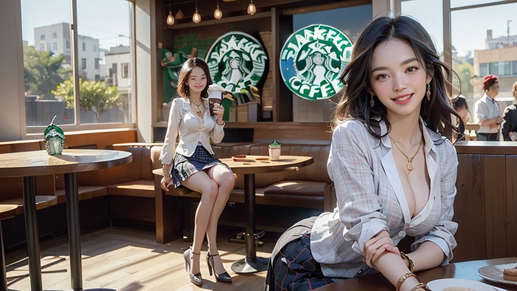 8k、RAW Photos、Highest quality、Super detailed、Super Resolution、Ultra HD、8k wallpaper、Amazing details blazer uniform girl ((White blouse with formal collar, Blue Blazer,
Red Check Skirt, Red checkered ribbon on blouse)), Complete limbs, Full Finger,
(((((Inside the Starbucks store)))))、((16 year old female student))、(((((Eat cake、Drink coffee、smile)))))、(((Heart Necklace、Gold bracelet)))
(((Emphasize cleavage)))
(((((Woman sitting at the window seat)))))
((((Full body photo、The whole body is visible、Full body portrait))))