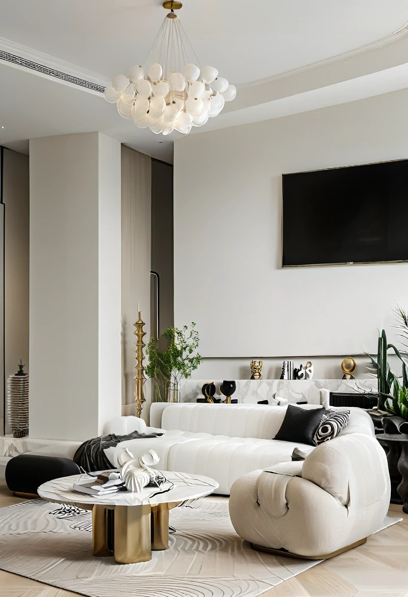 RAW photograph, Ultra Wide Angle, 16mm lens, whole room, contemporary living room with black walls, como Kelly Wearstler, very light wooden floor, large contemporary white linen armchair, huge black and white striped curved sofa, fireplace, large brutalist style console with minimalist vase with huge plant, pile of books, cubist sculptures in white marble, large windows , view of the city of Rio de Janeiro, Picasso paintings, Golden candlesticks, clear glass coffee table, ultra high nothing.photorrealistic::1.5, HDR, Ultra Realist, real photografic
