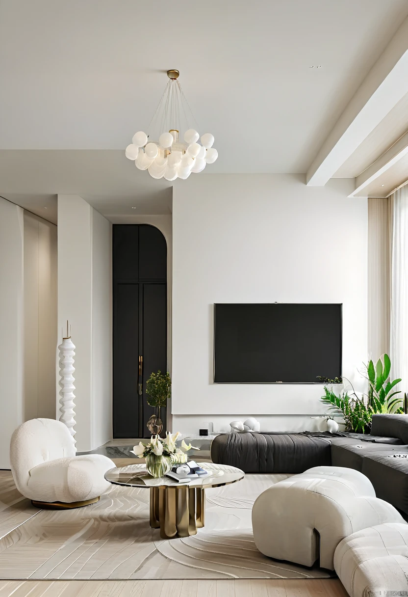 RAW photograph, Ultra Wide Angle, 16mm lens, whole room, contemporary living room with black walls, como Kelly Wearstler, very light wooden floor, large contemporary white linen armchair, huge black and white striped curved sofa, fireplace, large brutalist style console with minimalist vase with huge plant, pile of books, cubist sculptures in white marble, large windows , view of the city of Rio de Janeiro, Picasso paintings, Golden candlesticks, clear glass coffee table, ultra high nothing.photorrealistic::1.5, HDR, Ultra Realist, real photografic
