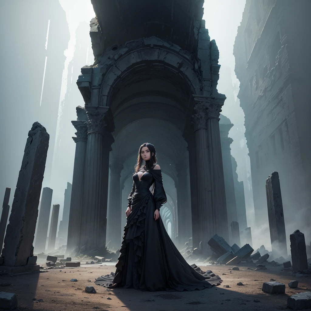 Imagine an animation set in a landscape of ancient ruins composed of black minerals. At the heart of this surreal landscape stands a beautiful girl, dressed in a gown that appears to be made of swirling black smoke, flowing and twisting around her like it has a life of its own. As the story unfolds, the mineral ruins reveal their mysteries, emitting faint glimmers of light that subtly illuminate the surroundings. The girl seems in harmony with the landscape, her enigmatic presence suggesting a deep and ancient connection between herself and the ruins.