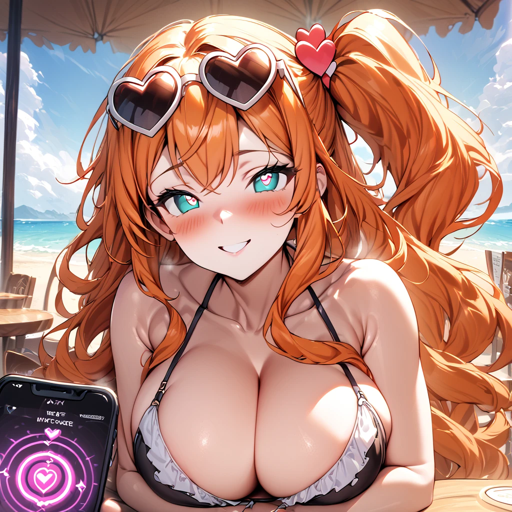 (masterpiece), best quality, expressive eyes, perfect face,1girl,EPpkSonia,orange hair, side ponytail, aqua eyes, long hair, eyewear on head, sunglasses, heart hair ornament,beach cafe,soft shadows,mind control,hypnosis app,heart-shaped pupils,blush,big breasts,cleavage,smile,bikini