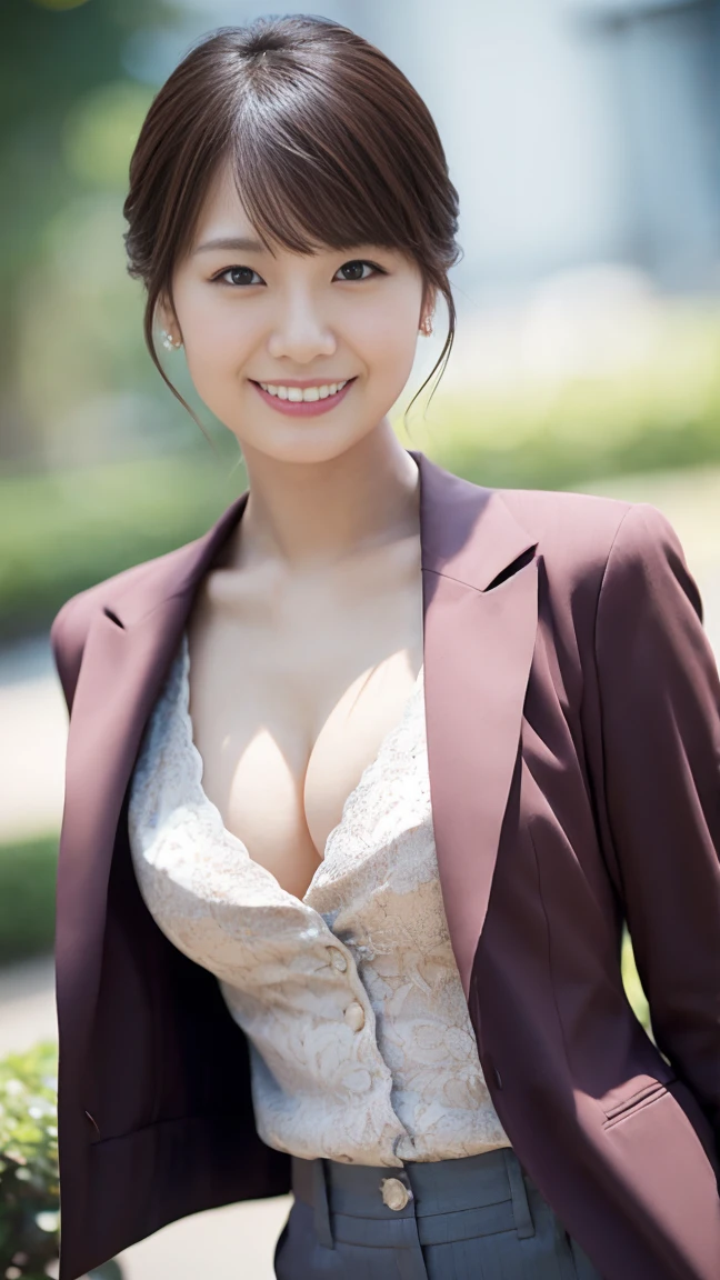 masutepiece, Best Quality, Photorealsitic, finely detail, hight resolution,beautiful japanese woman,beautiful detailed eyes, beautiful detailed lips, extremely detailed face, small head, small areola, cinematic lighting, photorealistic, 8k, high quality, hyper detailed, look at me,smile,(suit:1.2),(chino pants),(random location),(medium breasts:1.2),(inoueseika),slender,beautifull legs,(cleavage:1.3),(sexy posing:1.2), (bokeh:1.3), 