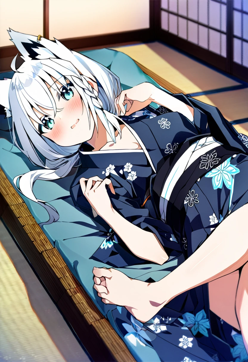 one girl, Shirakami Fubuki, fox ears, white hair, yukata, lying on futon, blush