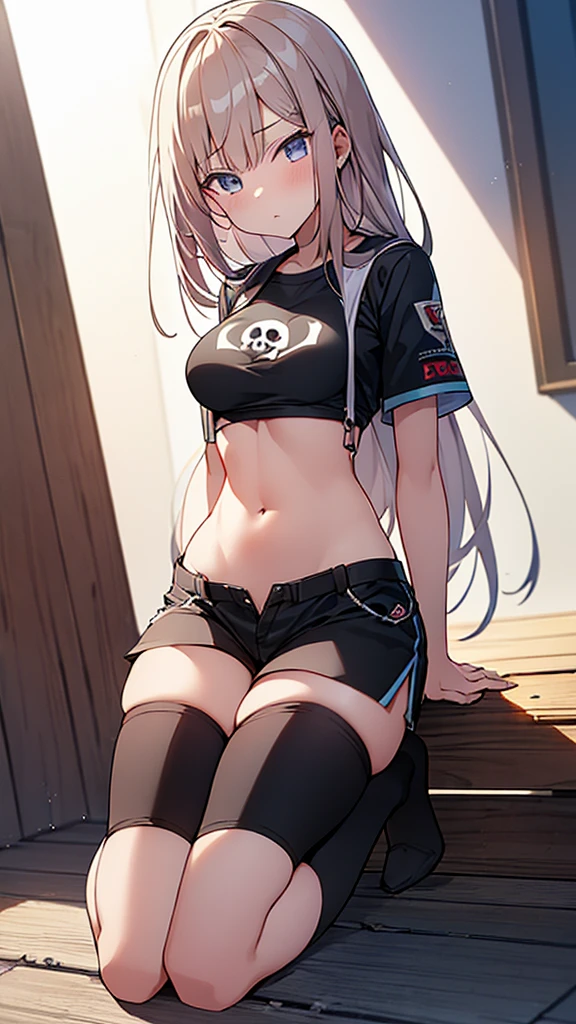 Full body image, front, One girl, 18-year-old, Mix 4, (32K, RAW Photos, Highest quality, masterpiece:1.2), (Anime-like, photoAnime-like:1.37), cute, Short sleeve T-shirt,Shorts,Black knee socks, night, rain, Humidity, Professional Lighting, Photon Mapping, Radio City, Physically Based Rendering, Super Resolution, (Big Breasts:1.2), {{The biological weapon that had preyed on the younger sister took her place and reunited with the older brother, The rebellious little sister has become the obedient little sister}}, Girl Skull, whole body, NSFW