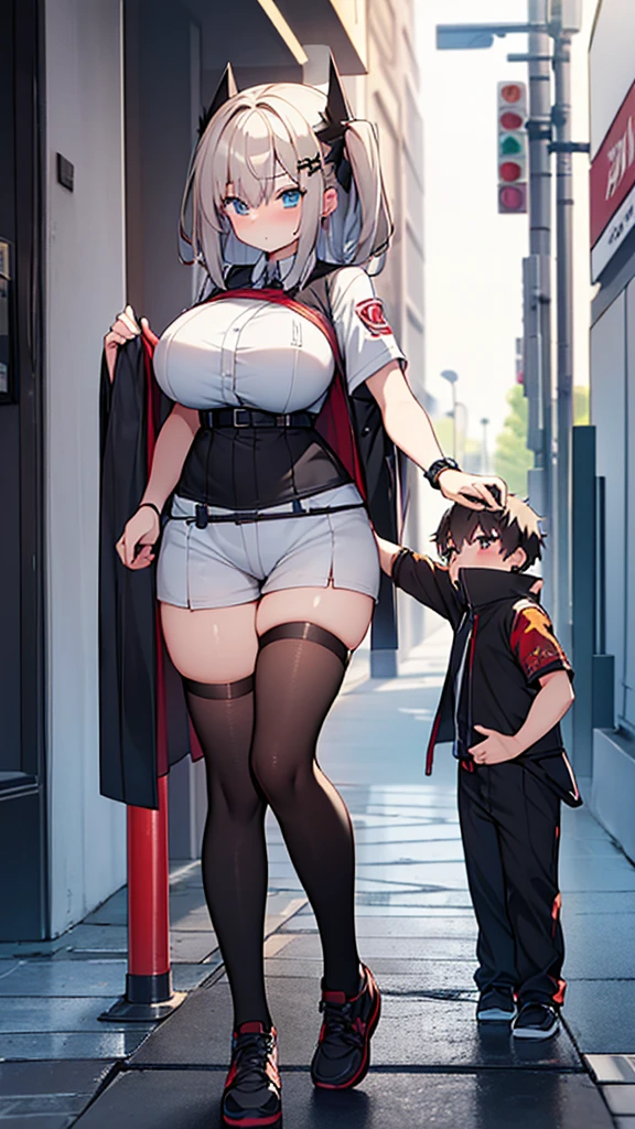 Full body image, front, One girl, 18-year-old, Mix 4, (32K, RAW Photos, Highest quality, masterpiece:1.2), (Anime-like, photoAnime-like:1.37), cute, Short sleeve T-shirt,Shorts,Black knee socks, night, rain, Humidity, Professional Lighting, Photon Mapping, Radio City, Physically Based Rendering, Super Resolution, (Big Breasts:1.2), {{The biological weapon that had preyed on the younger sister took her place and reunited with the older brother, The rebellious little sister has become the obedient little sister}}, Girl Skull, whole body, NSFW