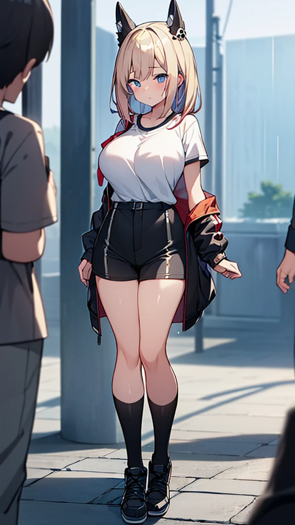 Full body image, front, One girl, 18-year-old, Mix 4, (32K, RAW Photos, Highest quality, masterpiece:1.2), (Anime-like, photoAnime-like:1.37), cute, Short sleeve T-shirt,Shorts,Black knee socks, night, rain, Humidity, Professional Lighting, Photon Mapping, Radio City, Physically Based Rendering, Super Resolution, (Big Breasts:1.2), {{The biological weapon that had preyed on the younger sister took her place and reunited with the older brother, The rebellious little sister has become the obedient little sister}}, Girl Skull, whole body, NSFW