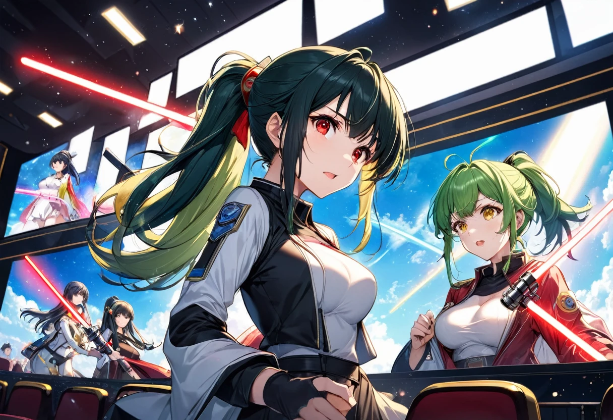 (Fighting with lightsabers style), (two girls hand holding a lightssabers), (a ponytail green hair long hair medium tits cute yellow eyes girl), and, (a straight black hair long hair big tits sadist red eyes girl), break, in the Legend of the Galactic Heroes onto movie theatre, BREAK, perfect anatomy, masterpiece, best quality, 16k, beautiful detailed Cinema Screen, daydreaming expression.